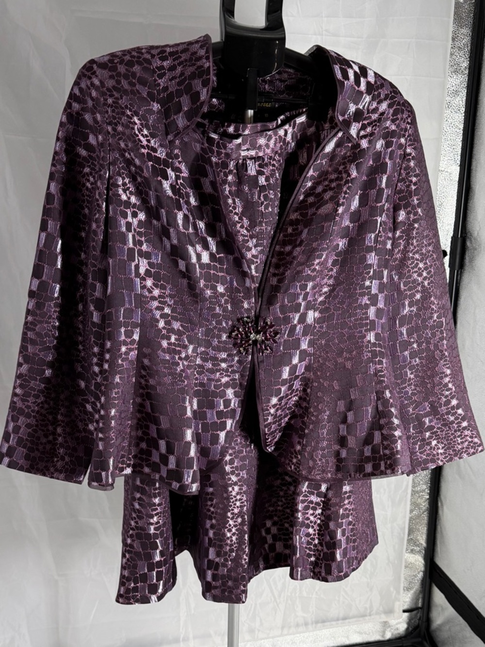 SUSANNA Church Deep Current Metallic Silver Patterned Skirt Suit Jacket Sz 18